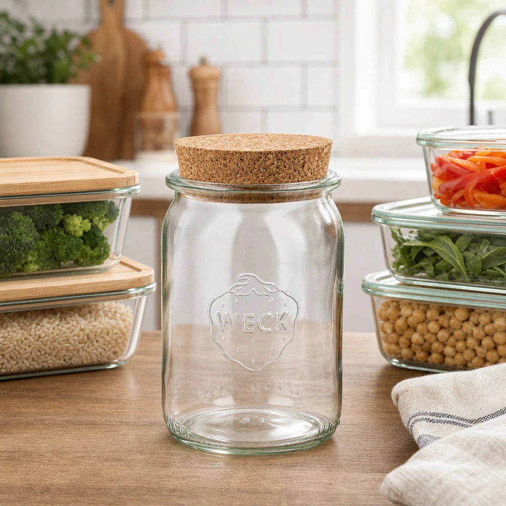 145 ml cylinderglas WECK RR40 med kork natur WECK 145 ml cylindrisk krukke RR40 med korklåg i moderne køkken omgivet af glasbeholdere med grøntsager og bælgfrugter