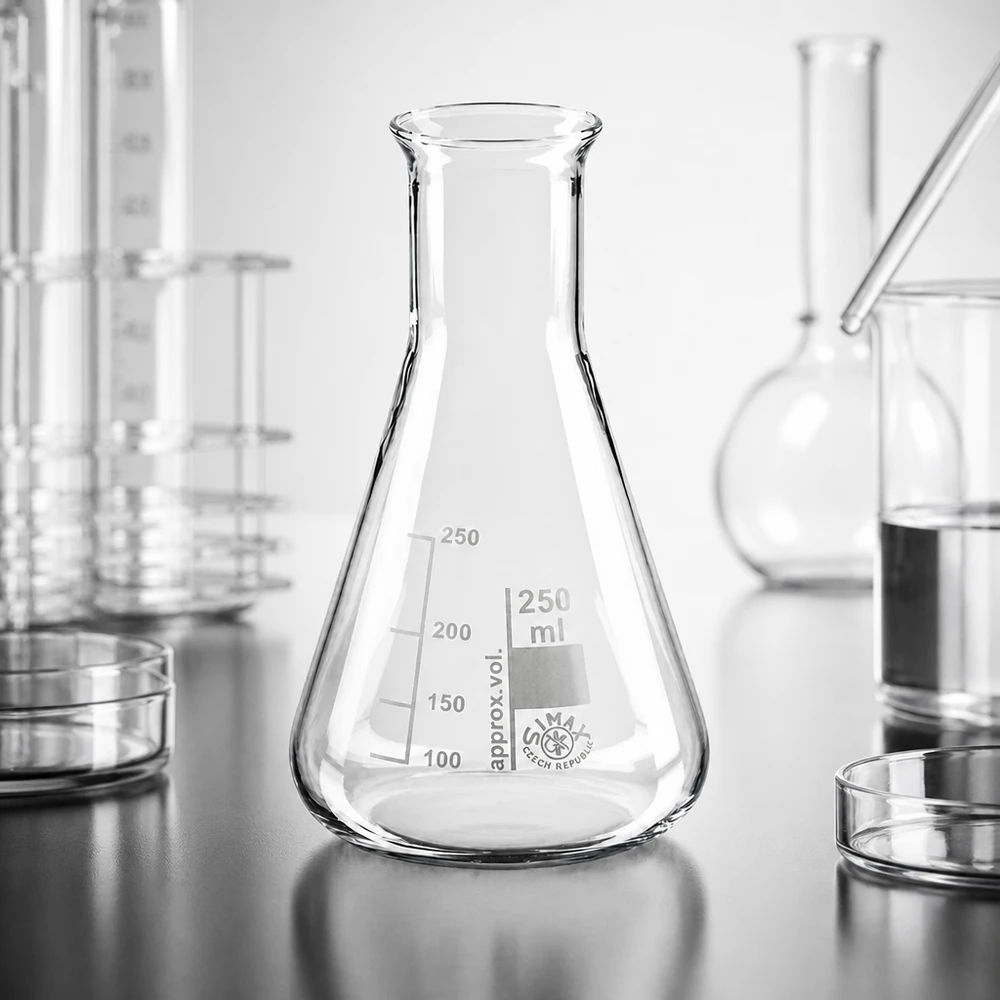 Erlenmeyer-kolbe 250 ml med smal hals Konisk Erlenmeyer-kolbe 250 ml med smal hals og graduering til præcise målinger i laboratoriet