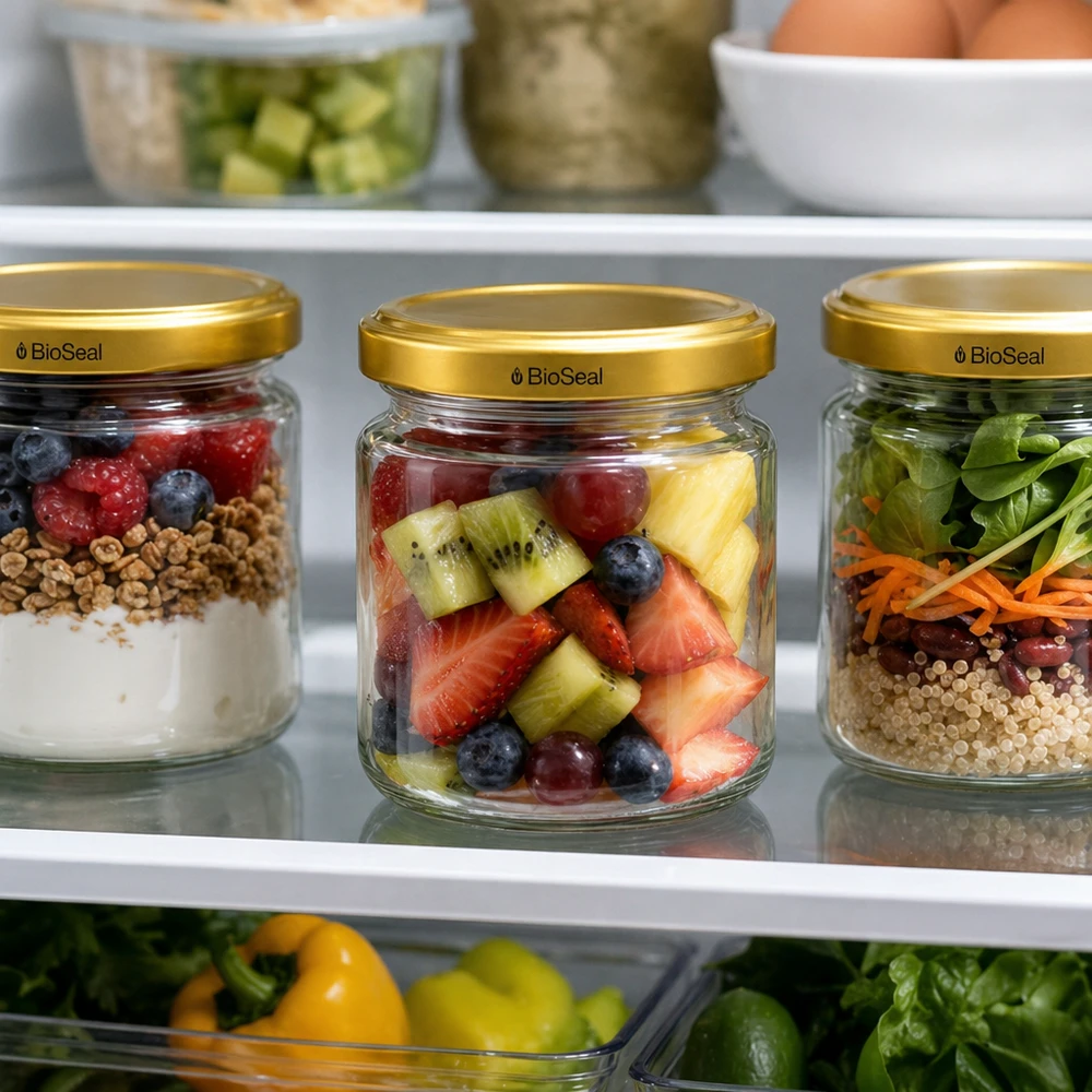 UNiTWIST Runda53 med gyldent låg TO43 BioSeal UNiTWIST Runda53-glas med gyldent TO43 BioSeal-låg i køleskabet til tilberedning af måltider med frugt og salat