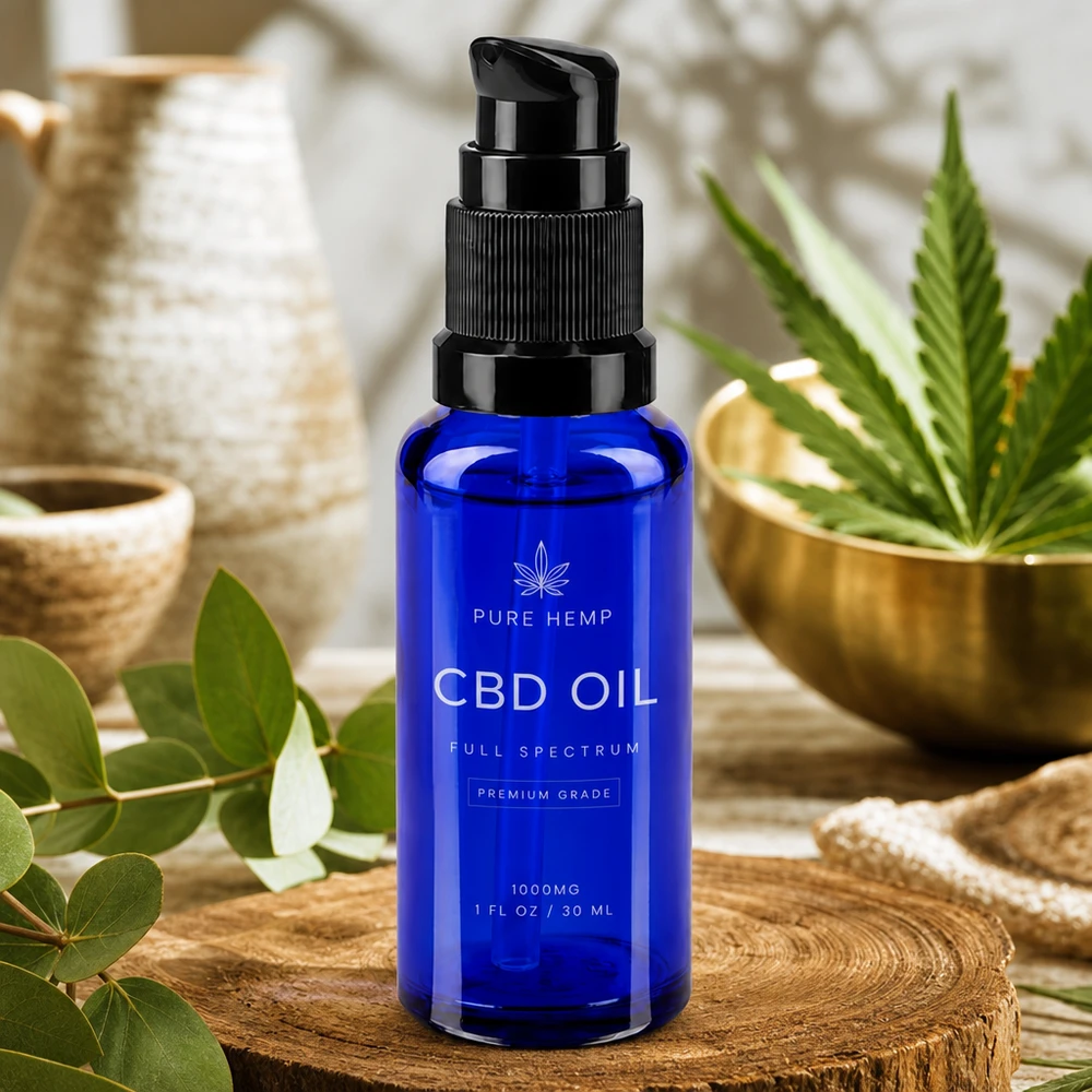 Mørkeblå 30 ml glasflaske med sort pumpedispenser på en træskive med naturligt mønster