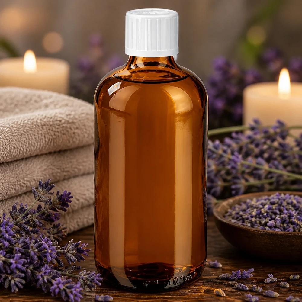 Apoteksflaske brun 100 ml skruelåg hvid KiSi St 100 ml brun glasflaske med hvid børnesikring til aromaterapi med lavendel