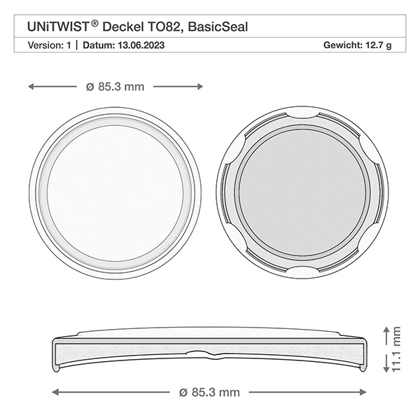 230 ml Briller + BasicSeal låg honeycomb UNiTWIST Teknisk tegning af det hvide BioSeal-låg T082 med målene 85,3 mm i diameter og 11,1 mm i højden