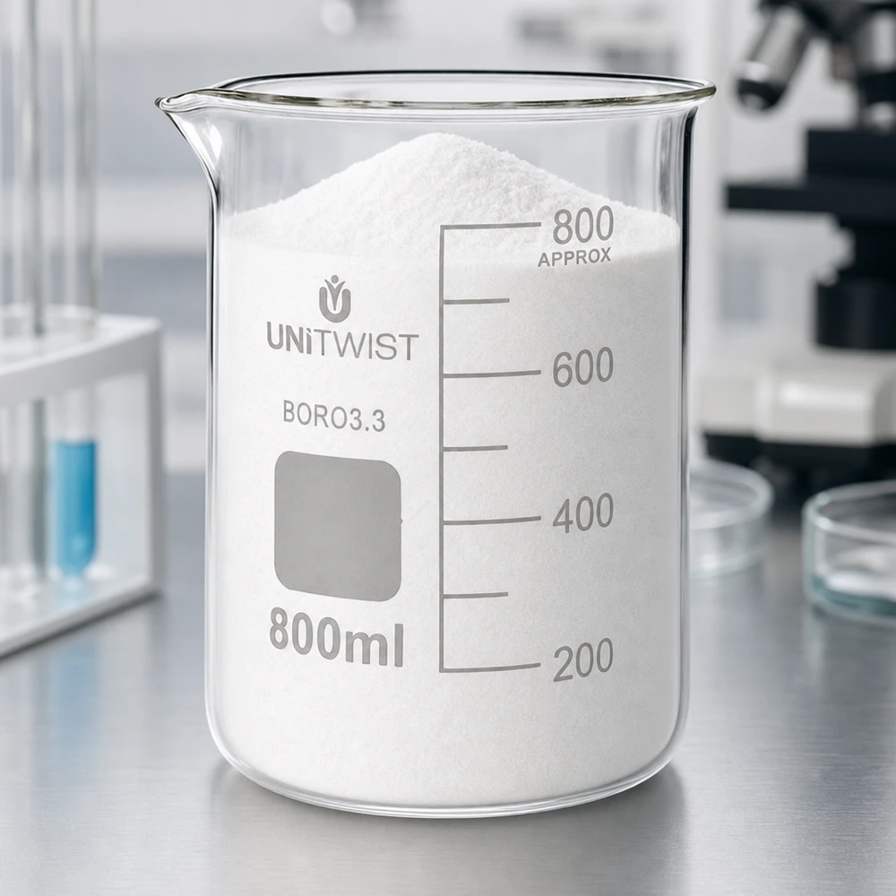 Bægerglas 800 ml borosilikat, lav form UNiTWIST UNiTWIST 800 ml boresilikatglas i lav form, fyldt med hvidt pulver i laboratoriet