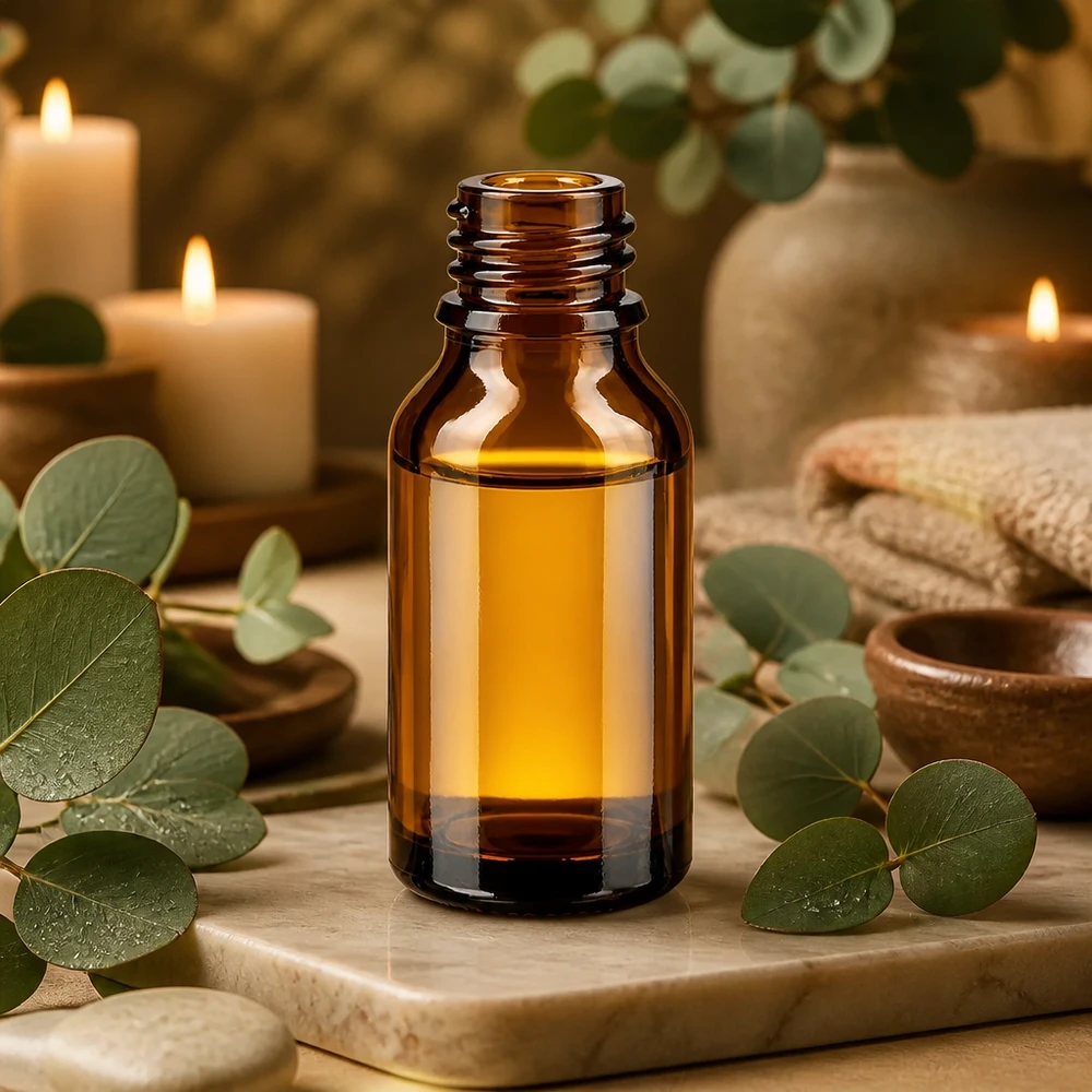 Dropperflaske 30 ml DIN 18 ravfarvet glas HIGH SHAPE 30 ml brun glasflaske apotek høj form med gul olie aromaterapi atmosfære stearinlys eukalyptus dekoration