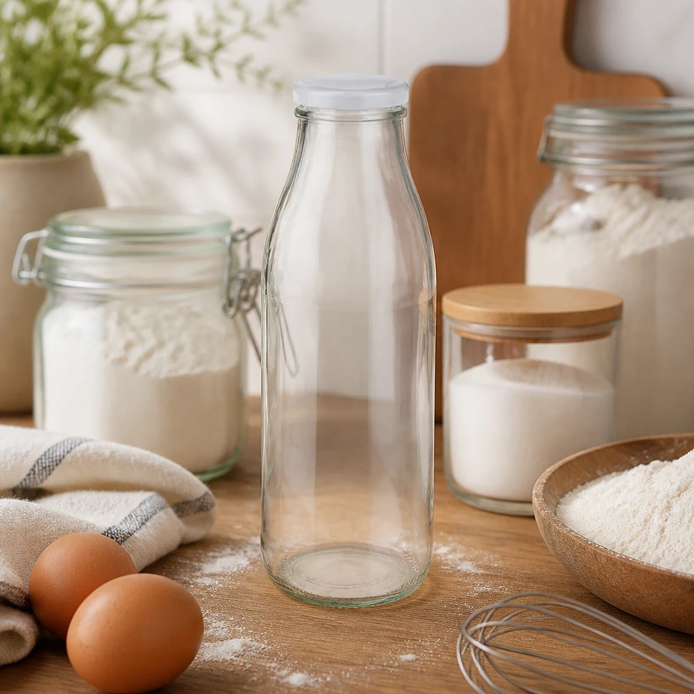 500 ml glasflaske + BasicSeal-låg hvid UNiTWIST. Absolut lækagesikker med stort TO48-låg. Til mælk, juice og limonade. 500 ml glasflaske BasicSeal hvid i køkken med bageingredienser, mel, æg og køkkenredskaber i bagestemning