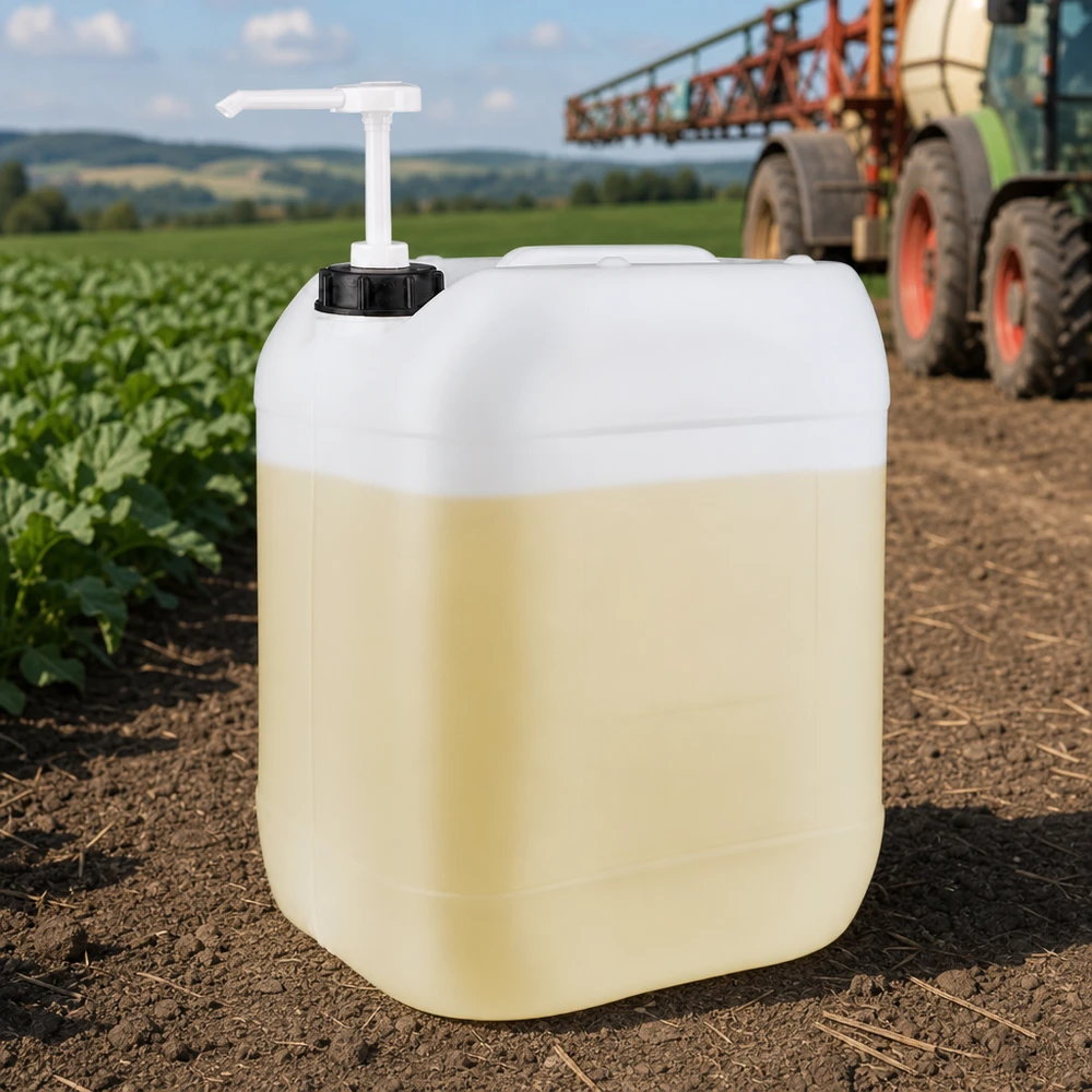Beholder 20 liter med doseringspumpe Landbrugskanister på 20 liter med doseringspumpe på en mark foran en traktor med mark sprøjte