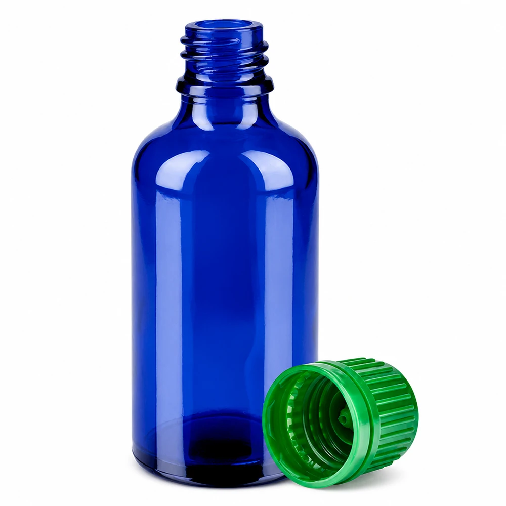 50 ml flaske 11 mm SV grøn OV BlueLine UT18/50 50 ml dråbeflaske af blåt glas med grøn hætte til præcis dosering