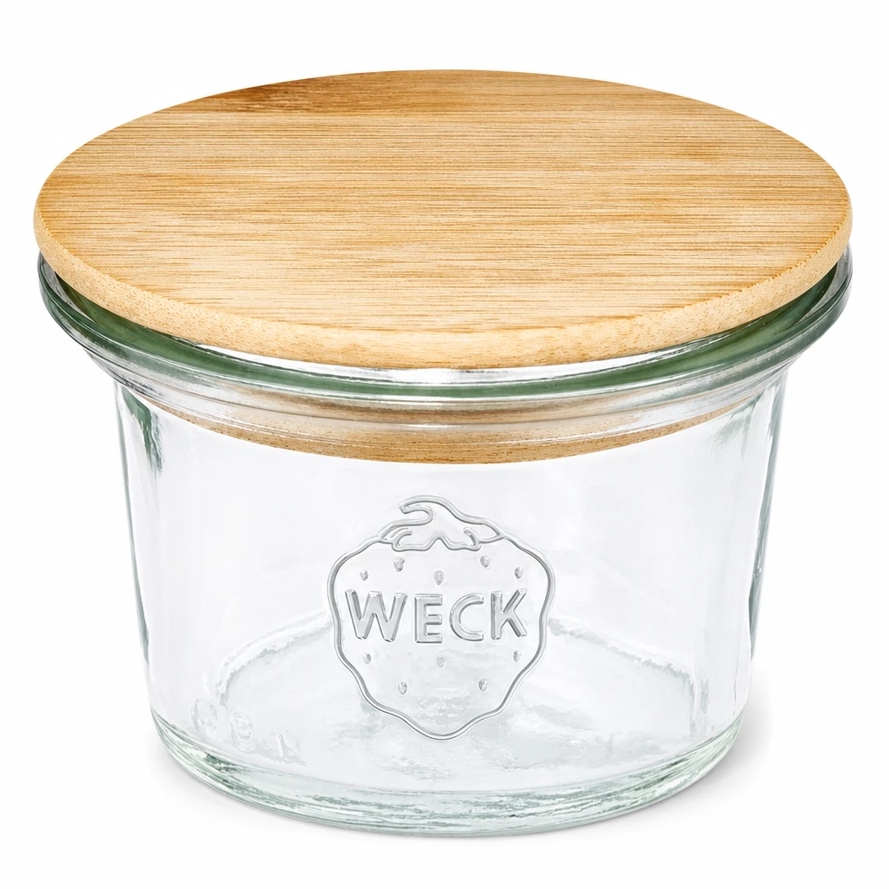 35 ml mini Briller WECK RR40 med trælåg WECK 35ml RR40 murerbalje med bambus trælåg Mini murerbalje transparent med WECK-logo