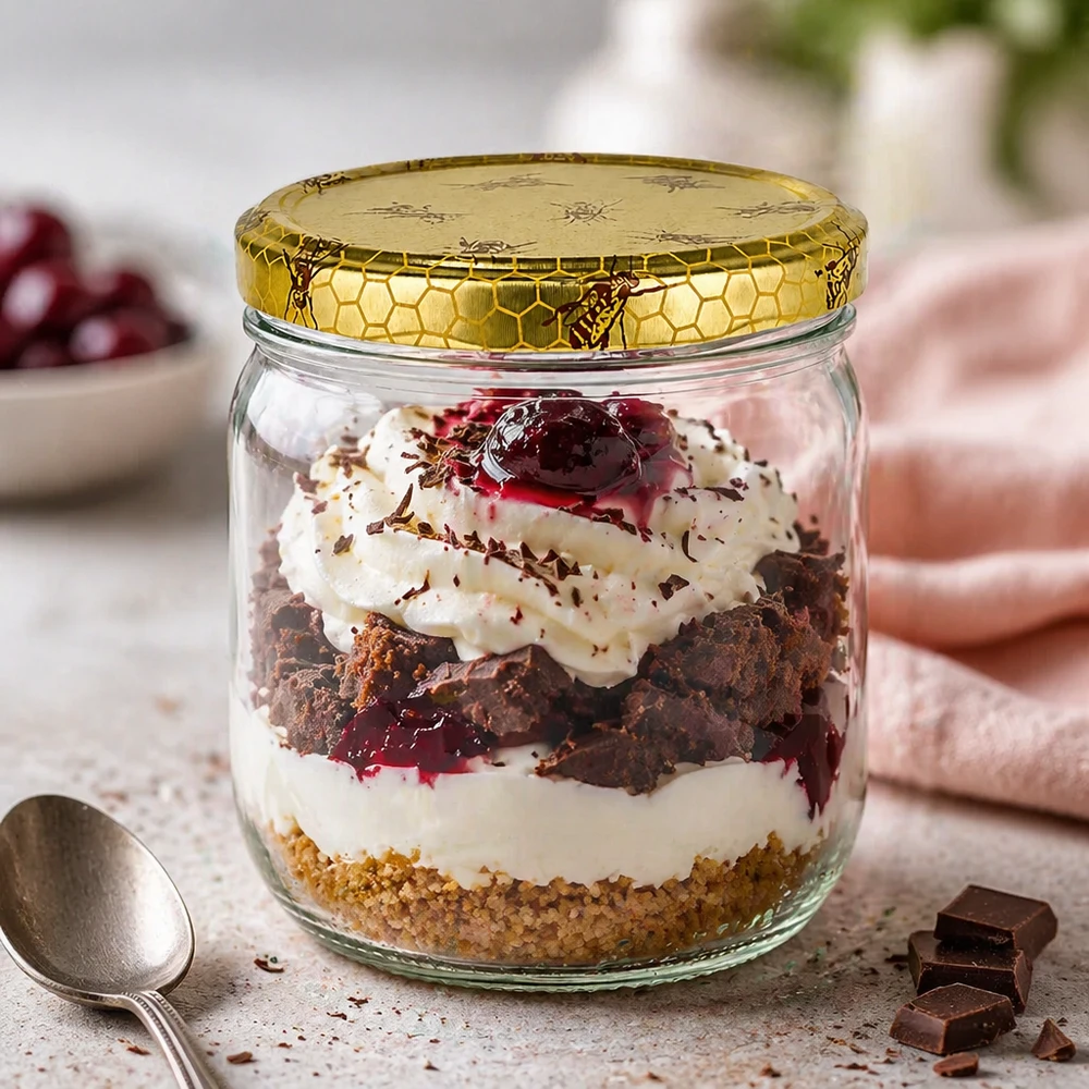 500 g honningglas med låg med honningkagemønster BasicSeal UNiTWIST 500 g honningkrukke som dessertkrukke til chokolade- og kirsebærtrifli med creme og gyldent honningkagelåg