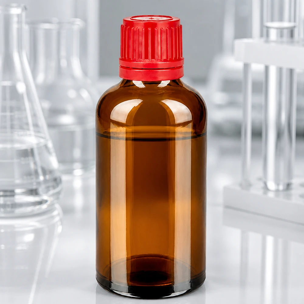 50 ml flaske 11 mm SV rød OV BrownLine UT18/50 50 ml BrownLine-glasflaske med UT18-gevind og rødt manipulationssikret låg til laboratoriebrug