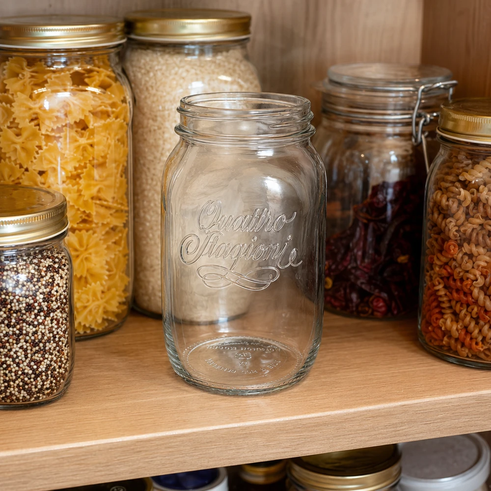 1000 ml husholdningsglas "Quattro Stagioni" 1000 ml Quattro Stagioni husholdningsglas tomt foran opbevaringsglas fyldt med pasta og kornprodukter i køkkenskabet