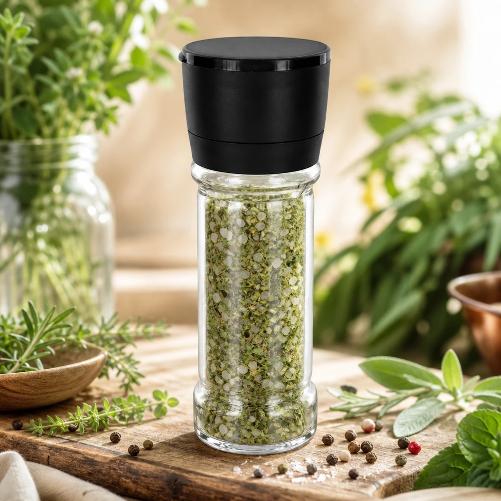 Salt-/krydderikrukke 100 ml med kværn, Vario, sort Krydderisaltglas 100 ml med sort Vario-kværn, fyldt med grønne krydderurter, på træbræt