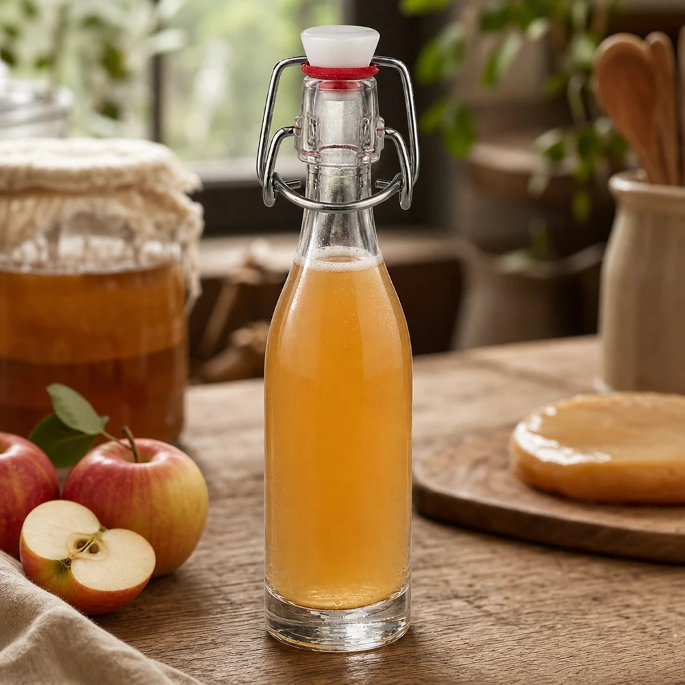 50 ml glasflaske og hængelukning PVC UNiTWIST 50 ml glasflaske med svingtop fyldt med æblejuice ved siden af friske æbler på et rustikt træbord