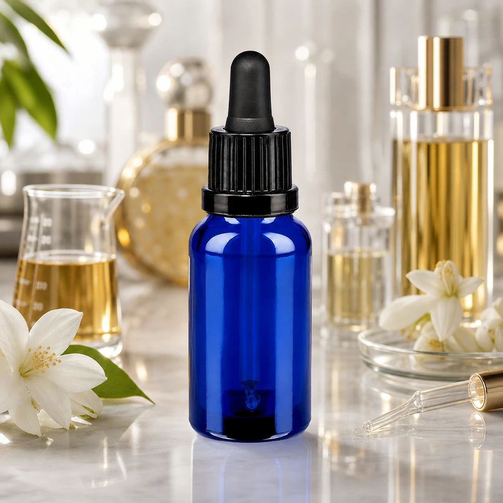 20 ml pipetteflaske sort OV BlueLine UT18/20 20 ml blå glasflaske med sort dråbepipette til præcis dosering af serum og tinkturer