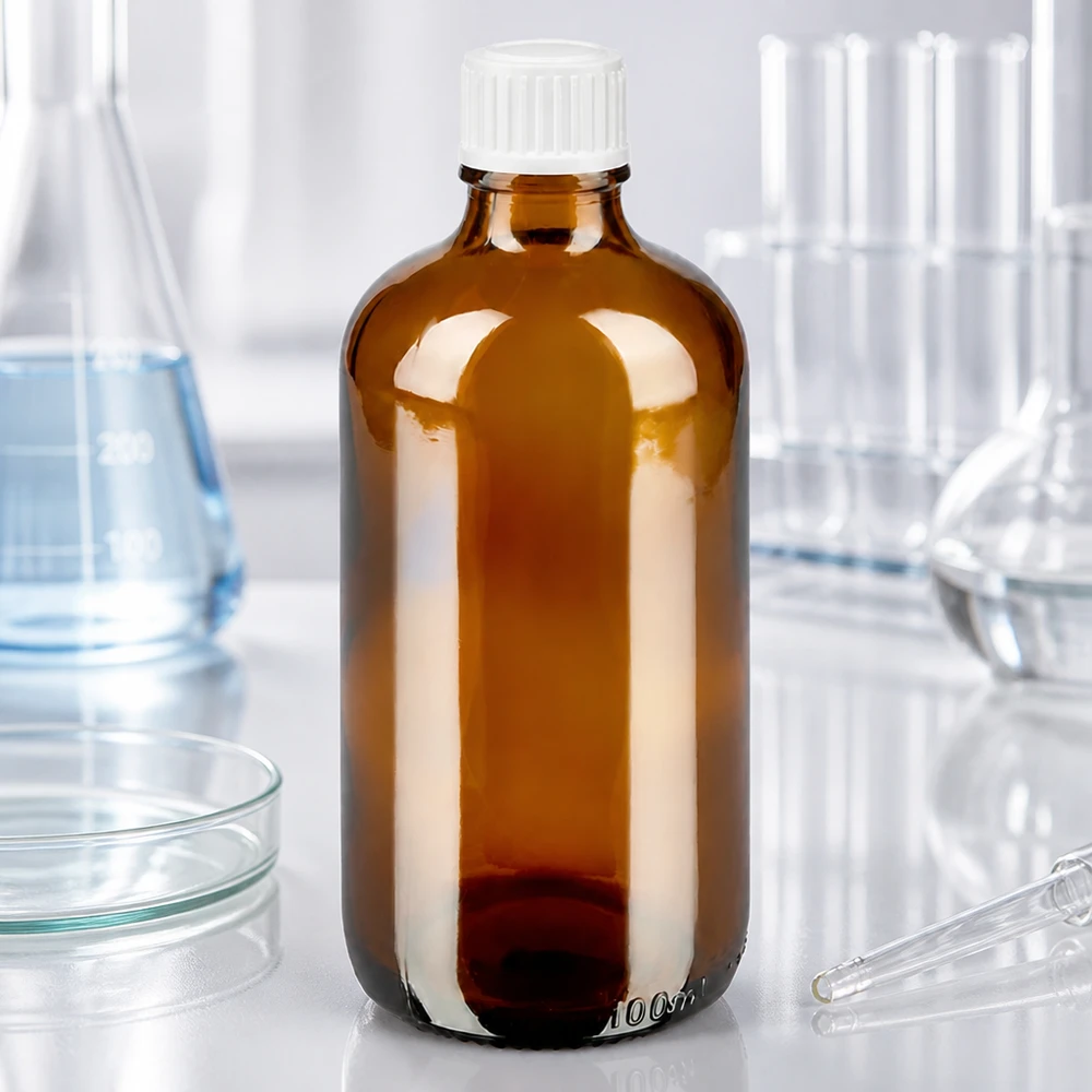 Apotekerflaske, 100 ml, brunt glas med hvid STD-lukning og præcis dråbeåbning på 0,9 mm