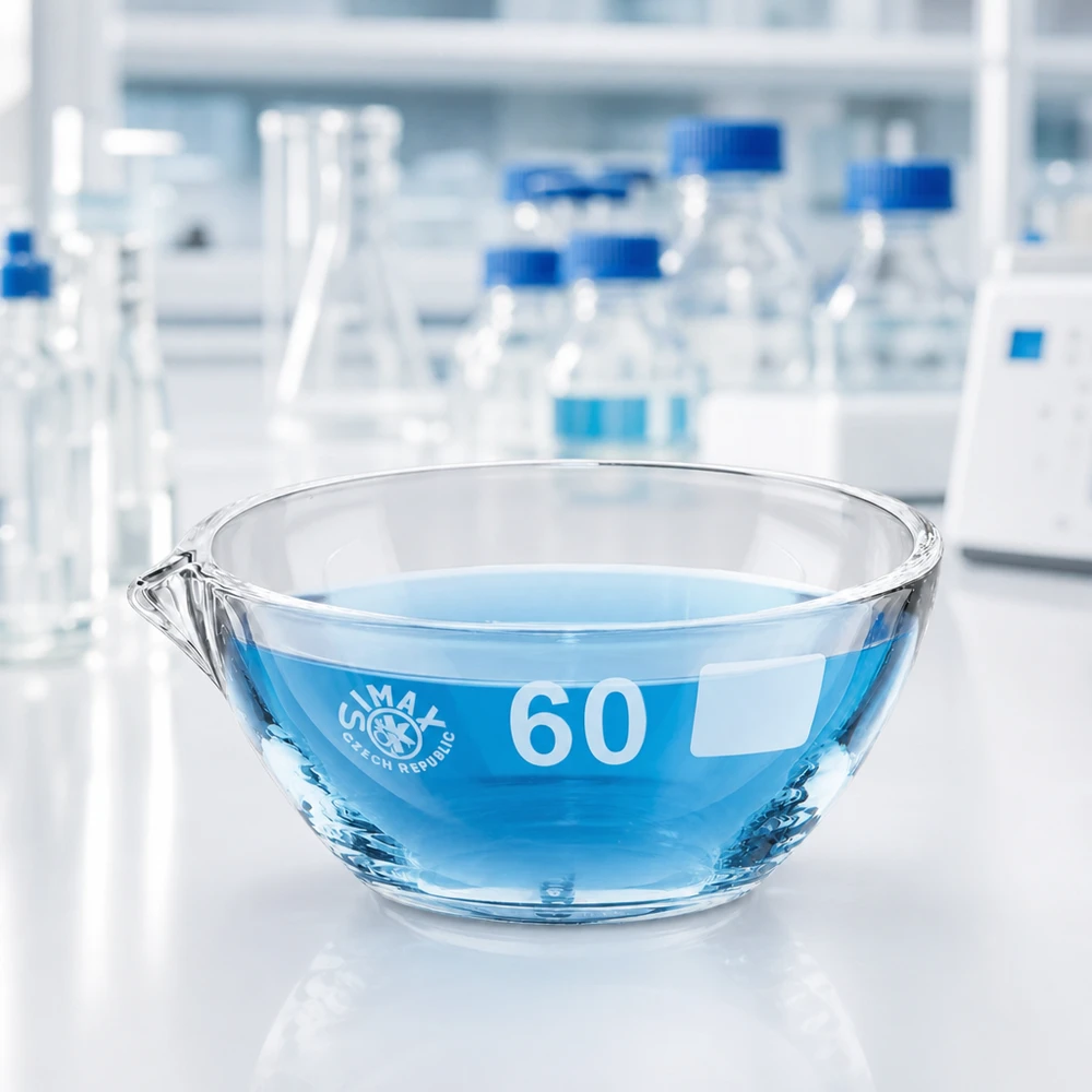 45 ml fordampningsskål med borosilikat-tud Kompakt 45 ml fordampningsskål med ø60 mm tud af borosilikatglas til effektive laboratorieprocesser