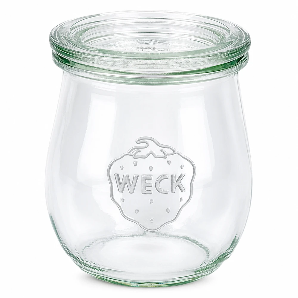 220 ml tulpanglas med glaslåg WECK RR60 WECK tulipankrukke 220 ml med glaslåg RR60 konserveringskrukke gennemsigtig tom på hvid baggrund