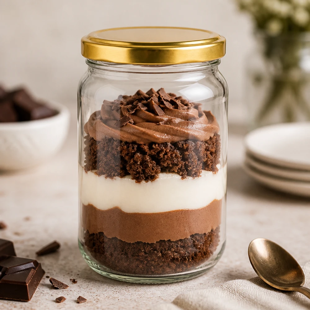 305 ml rund krukke med BasicSeal-låg i guld UNiTWIST 305 ml BasicSeal UNiTWIST rund guldkrukke fyldt med chokoladedessert - opbevaringskrukke til søde desserter og bagværk