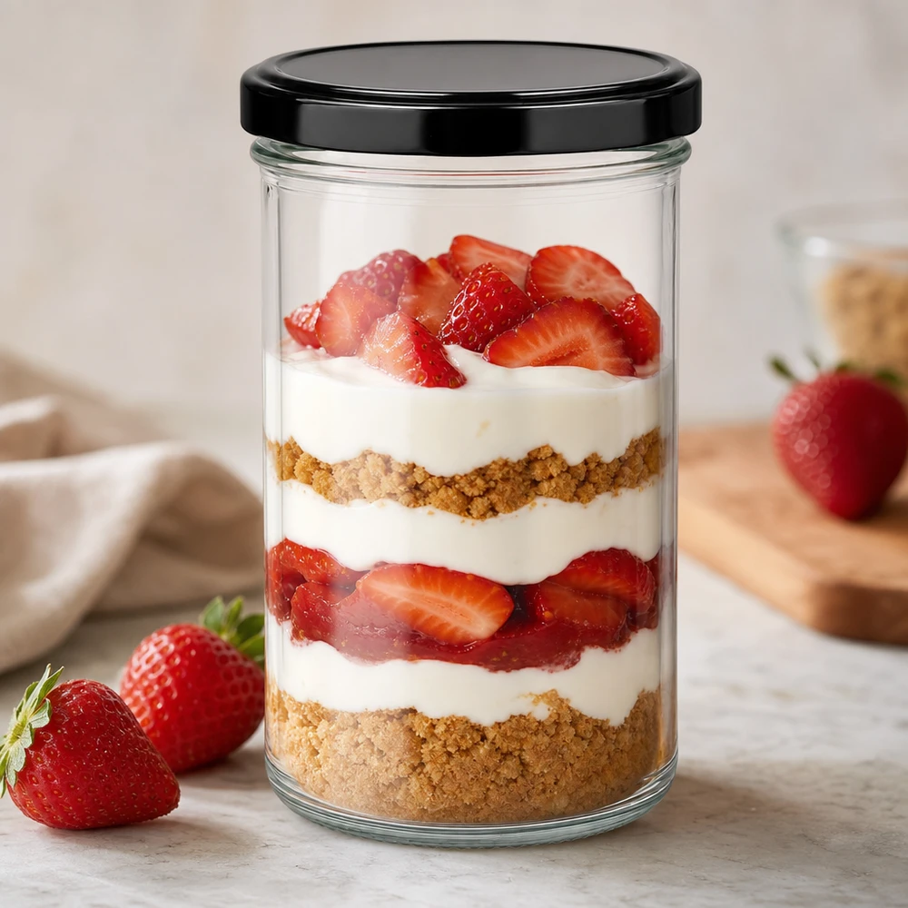 277 ml Briller med BasicSeal-låg sort UNiTWIST 277 ml glas som dessertglas til jordbærtiramisu med BasicSeal-låg sort lagdelt dessert i et glas