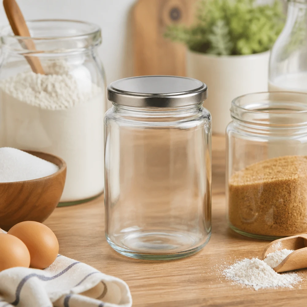 382 ml rund krukke med BasicSeal-låg sølv UNiTWIST 382 ml rund krukke med BasicSeal-låg sølv tom i køkkenscene med bageingredienser mel æg træskål opbevaringskrukke