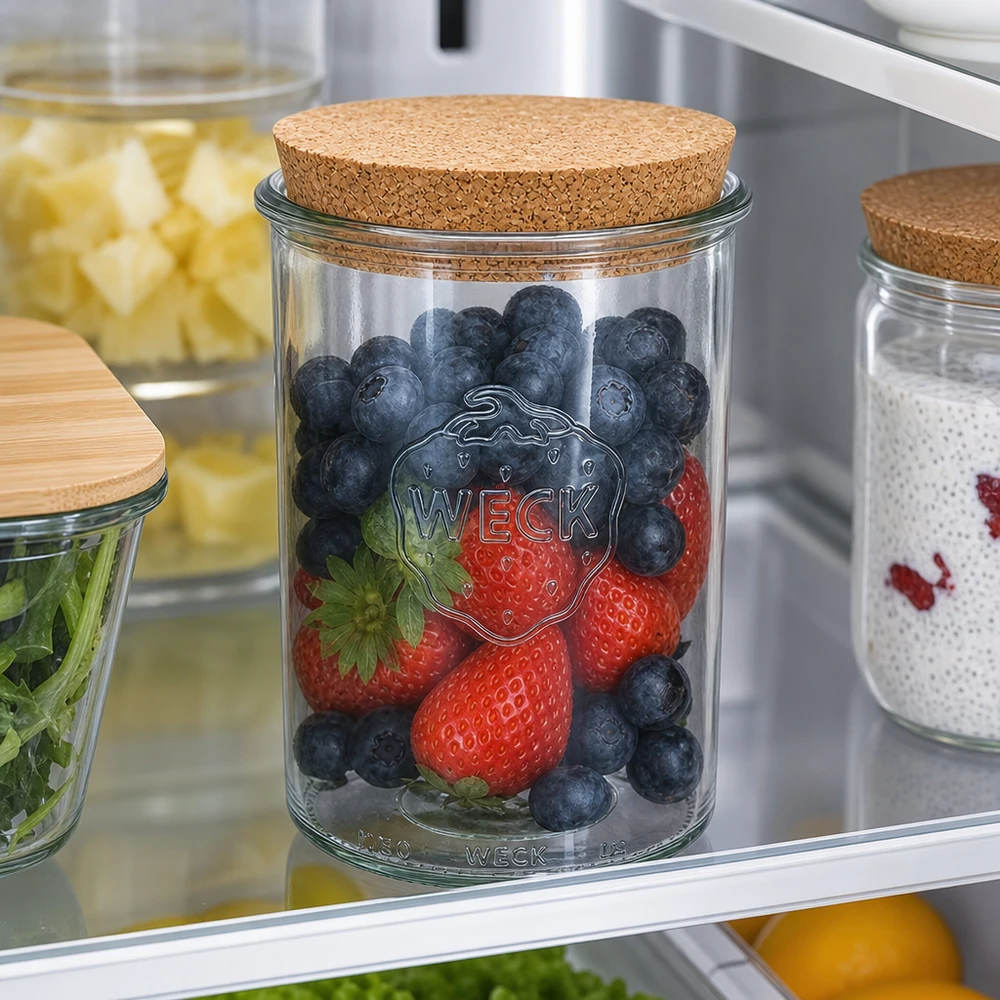 1000 ml Briller WECK RR100 med kork natur WECK Sturzglas 1000ml RR100 mit Korkdeckel im Kühlschrank gefüllt mit frischen Beeren stylische Aufbewahrung Vorratsglas