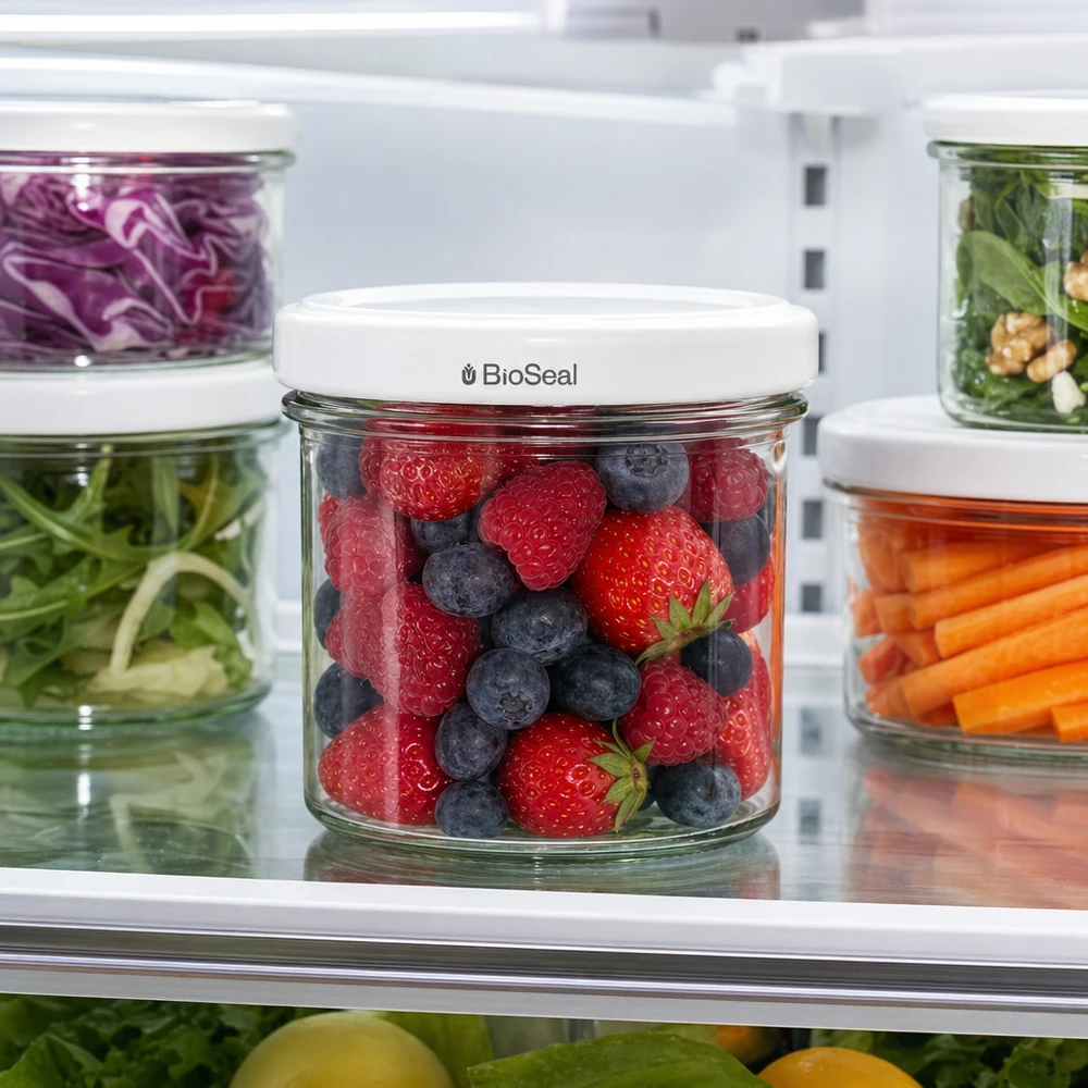 UNiTWIST Lintel125 med hvidt låg TO66 BioSeal UNiTWIST-bægre 125 ml bær jordbær blåbær køleskab frisk TO66 BioSeal hvid lågkrukke