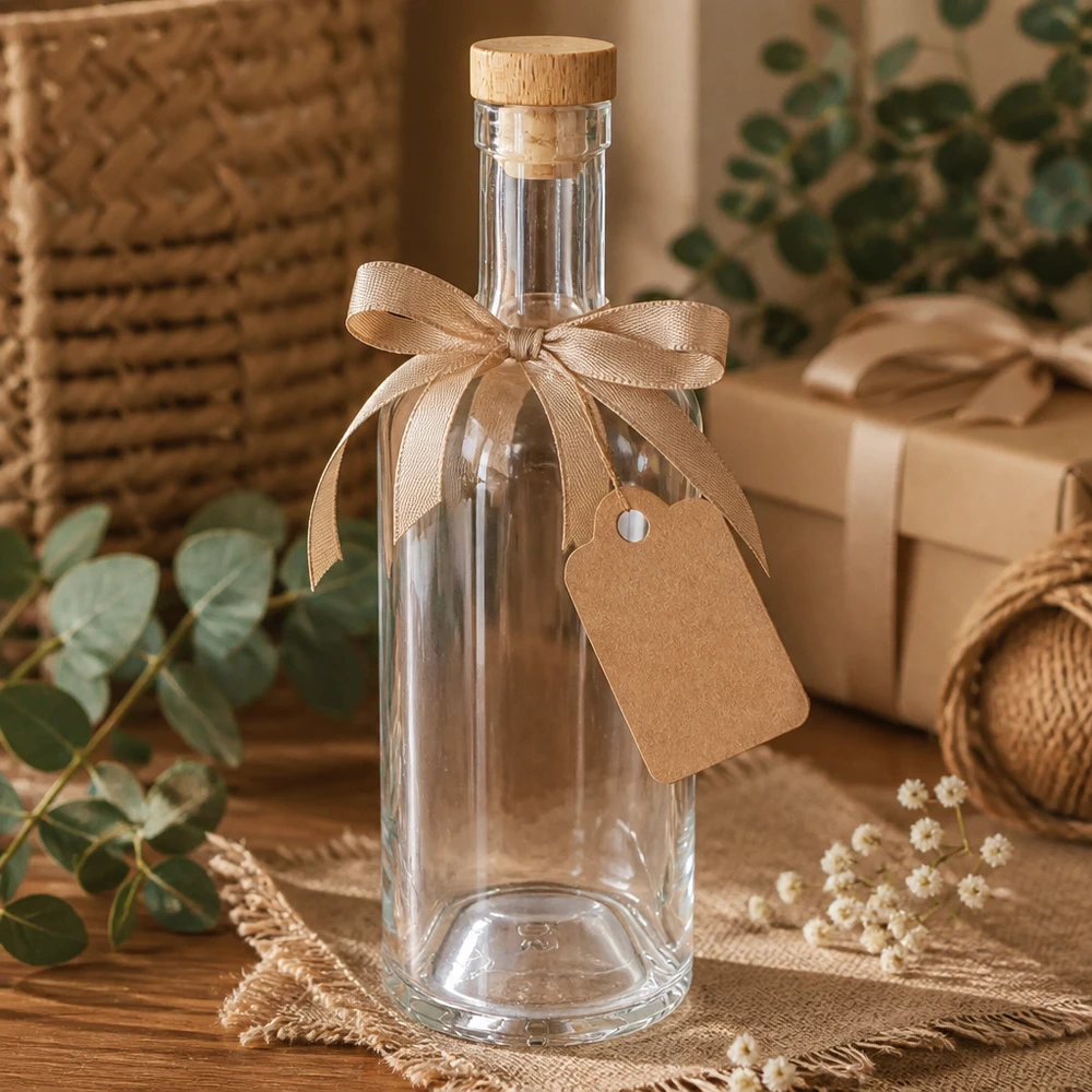 750 ml glasflaske »Emma« med træhåndtag UNiTWIST® 750 ml Emma-glasflaske i gaveindpakning med beige sløjfe og mærke i en naturlig dekorativ ramme