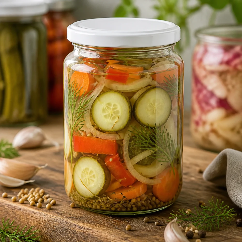 795 ml rund krukke med BasicSeal-låg hvid UNiTWIST 795ml Rundglas gefüllt mit eingelegtem Gemüse zeigt praktische Verwendung für Konservierung und Meal Prep
