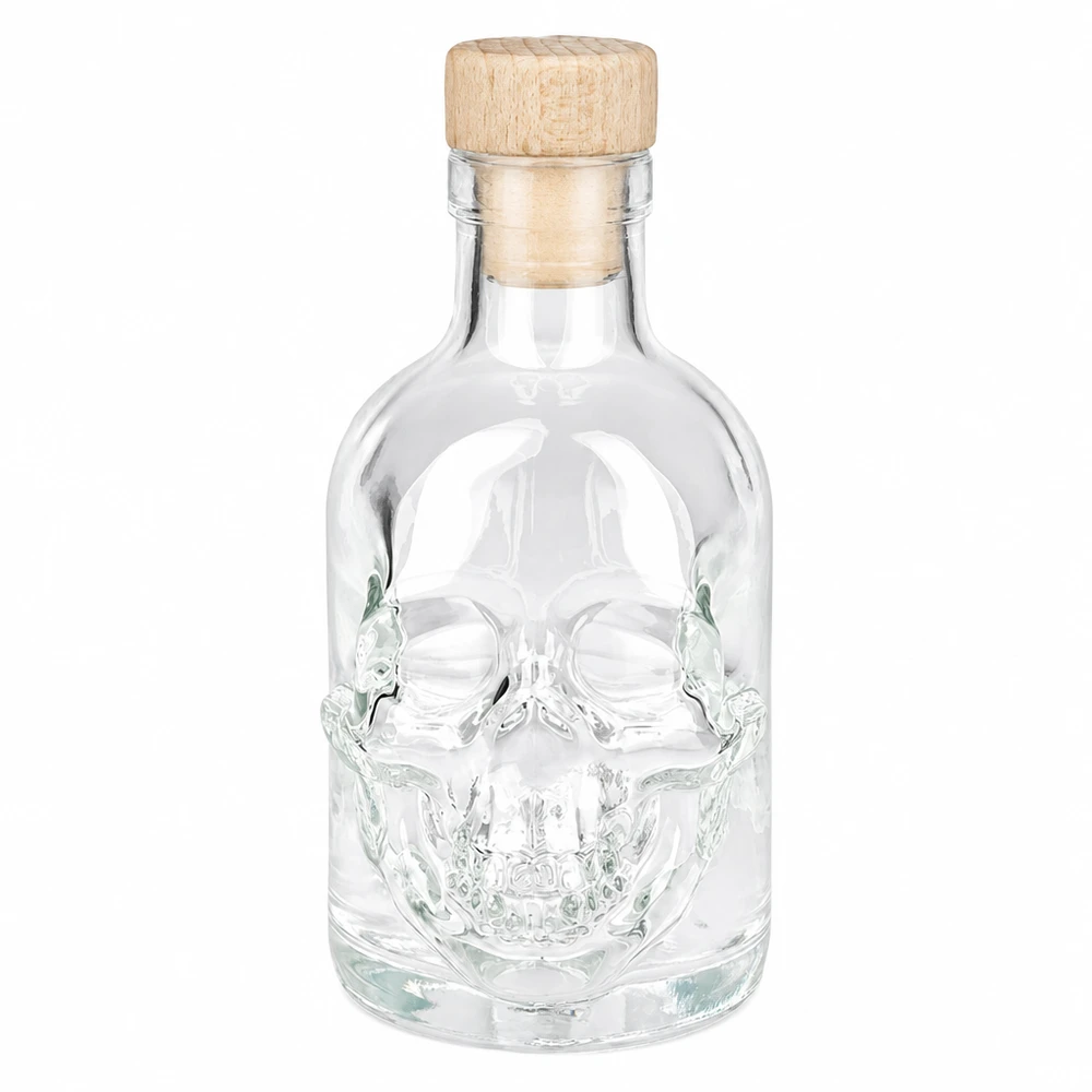 200 ml glasflaske »Jack« med træhåndtag og prop UNiTWIST® 200 ml Jack-glasflaske med dødningehoveddesign og træprop, tom spiritusflaske med skruelåg