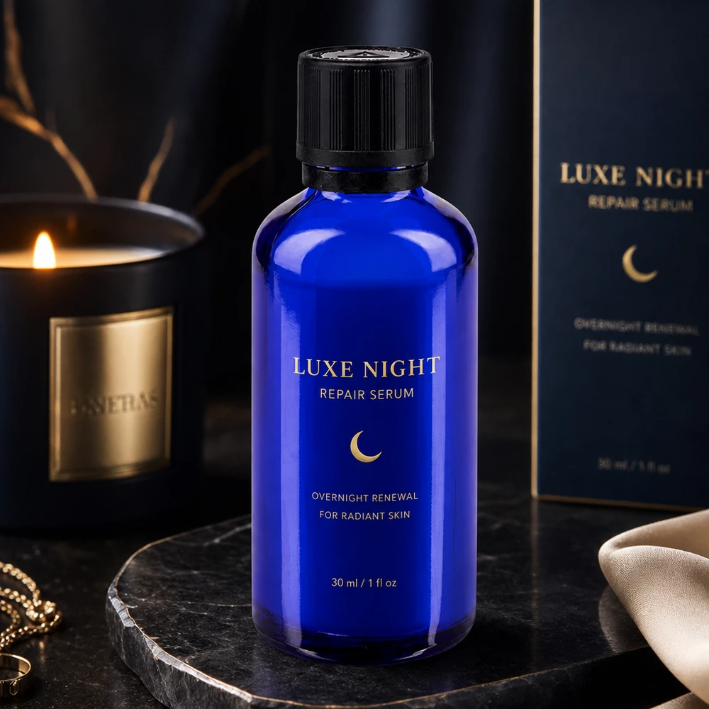 Blå 50 ml glasflaske med sort skruelåg foran en mørk, luksuriøs baggrund med et stearinlys og en gaveæske