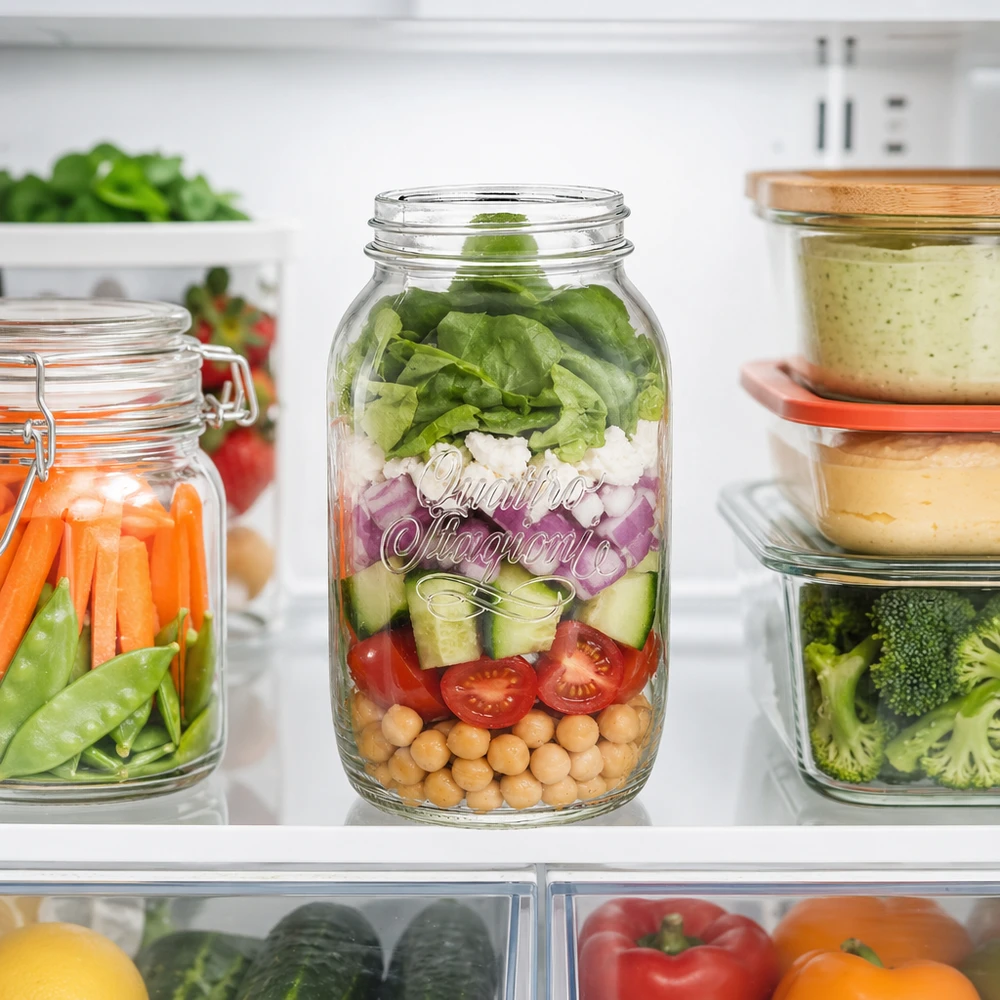 1500 ml husholdningsglas "Quattro Stagioni" 1500 ml Quattro Stagioni husholdningsglas fyldt med lagdelt salat i køleskabet ved siden af andre opbevaringsglas med grøntsager