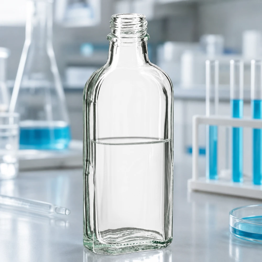 En fyldt, gennemsigtig 100 ml Meplat-flaske med DIN 22-gevind på en hvid laboratorieoverflade