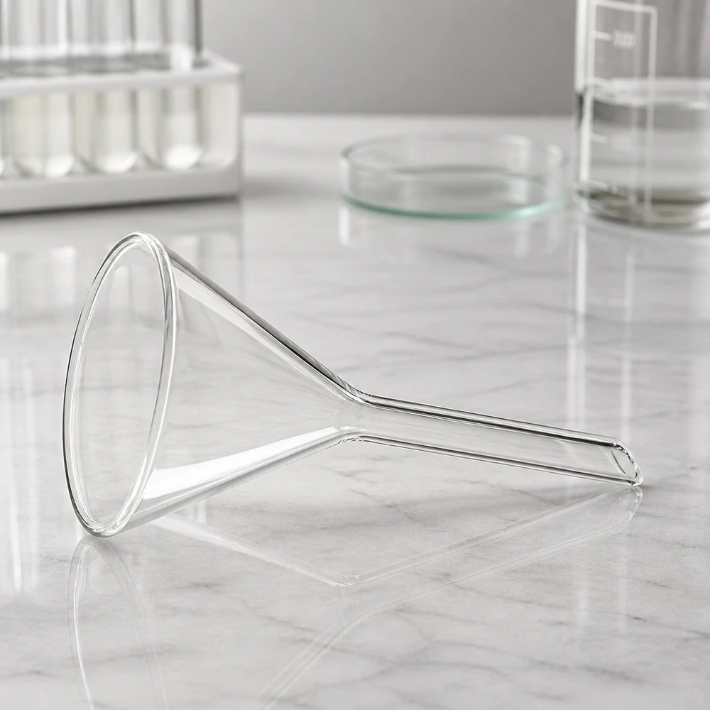 Tragt Ø 55mm sodakalk, vinkel 60°, kort model Glastragt med en diameter på 55 mm lavet af sodakalkglas af høj kvalitet med optimeret 60 graders vinkel