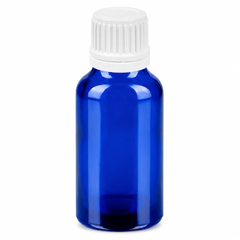 20 ml blå glasflaske med hvidt skruelåg til æteriske olier og kosmetik