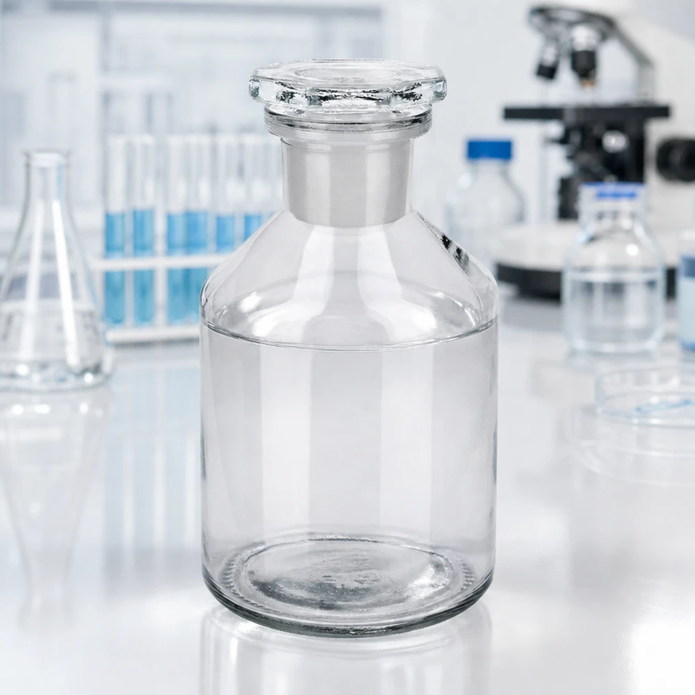 Steep neck-flaske 50 ml klar glasprop med smal hals Flaske med skrå bryst 50 ml, smal hals, gennemsigtig, på et hvidt laboratoriebord med et mikroskop i baggrunden