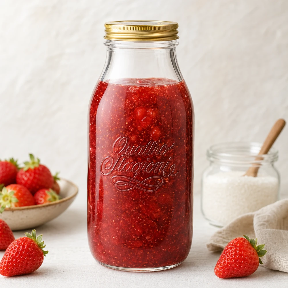 1000 ml glasflaske "Quattro Stagioni" med låg Quattro Stagioni 1000 ml glasflaske fyldt med jordbærmarmelade, omgivet af friske jordbær og mælkeglas