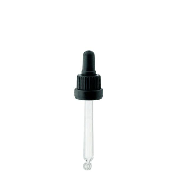 Pipettehætte sort DIN18, 70 mm pipettelængde med tamper-evident ring. Alkoholtæt. Til ApoGlas® 30ml brun dyb(++), grøn(+++); 30ml Mironglas(+++) med 18mm gevind.