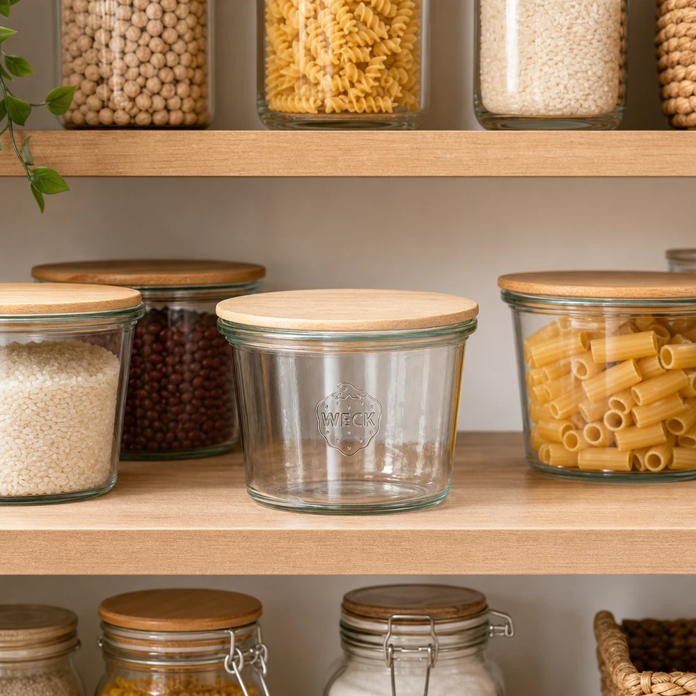 50 ml mini Briller WECK RR60 med trælåg WECK mini mason jar 50ml tom i organiseret opbevaringskøkken mellem fyldte krukker med pasta og bælgfrugter