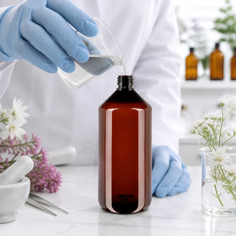 Brun PET-flaske med bred hals, 1000 ml, PP28, apotekerflaske til kosmetik og laboratorieformål