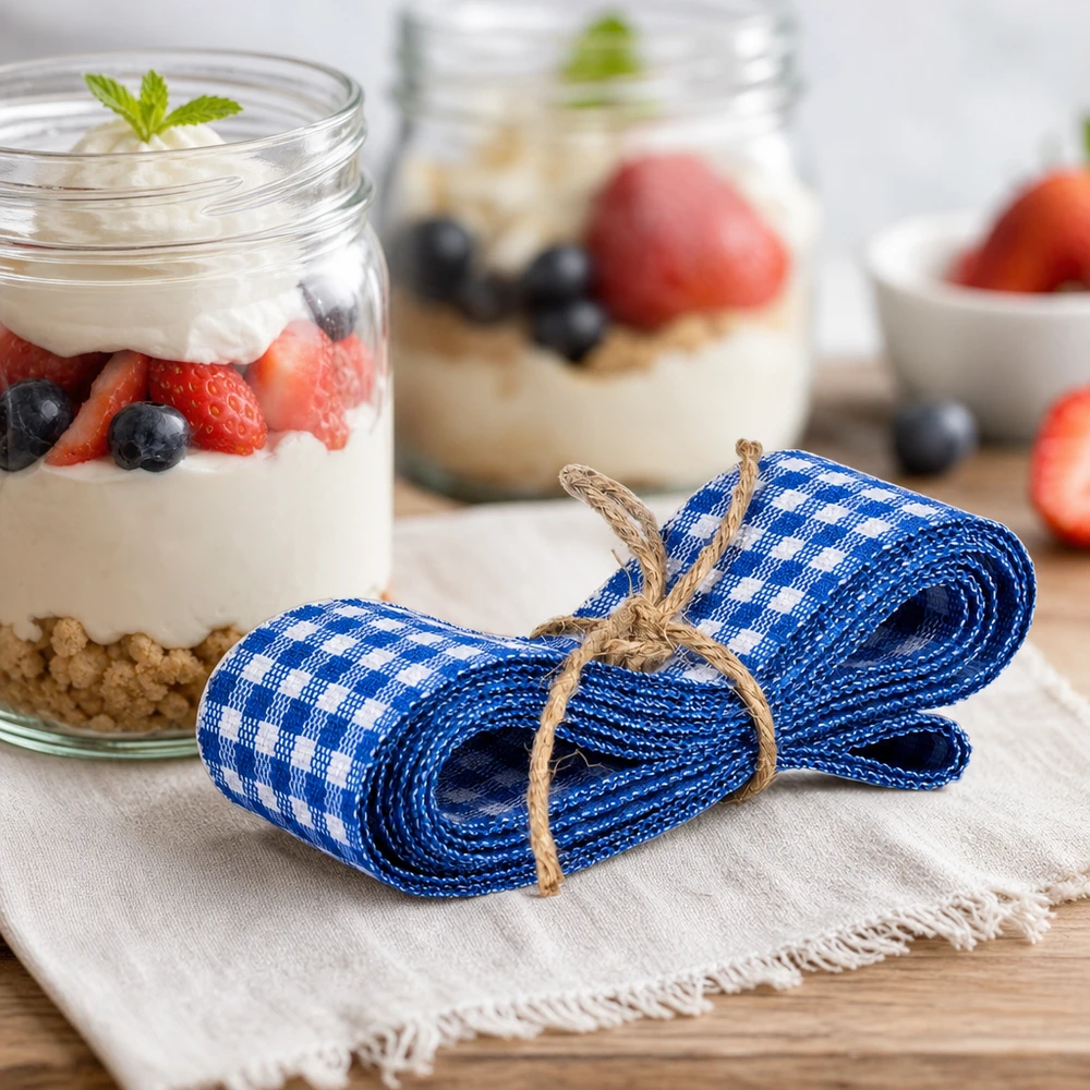 Stoffbånd i blå og hvid til dekoration, 300 cm Blå- og hvidternet stofbånd 300 cm bundet dekorativt ved siden af dessertglas med yoghurt og bær