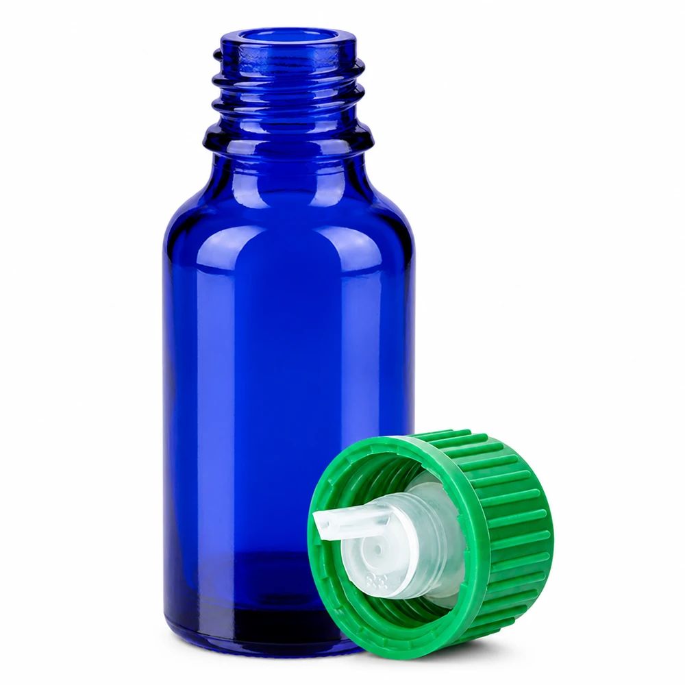 20 ml dråbeflaske af blåt glas med 0,8 mm åbning til præcis dråbedosering STD BlueLine UT18/20