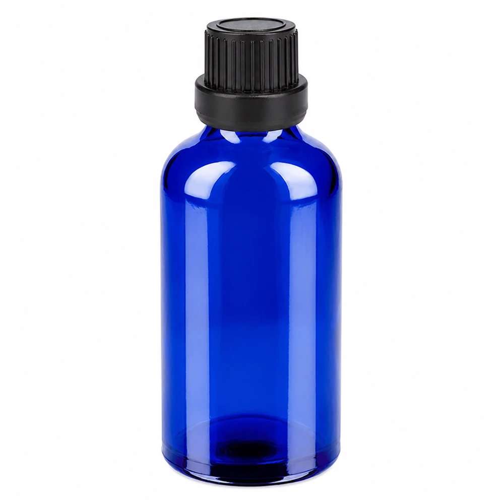 50 ml flaske 11 mm SV sort OV BlueLine UT18/50 Blå 50 ml glasflaske med sort skruelåg til æteriske olier og kosmetik