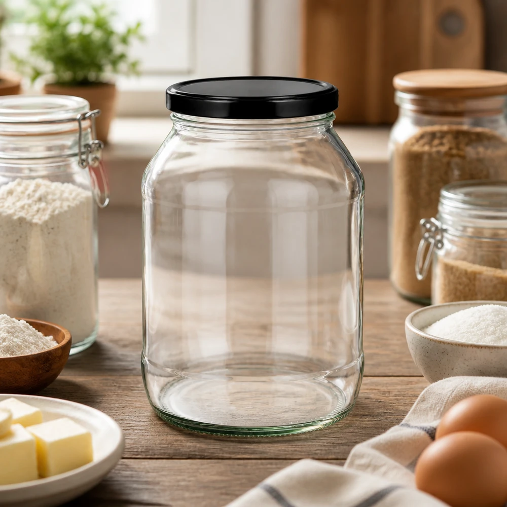 2650 ml rund krukke med BasicSeal-låg sort UNiTWIST 2650 ml rund krukke med sort BasicSeal-låg i køkkenmiljø mellem opbevaringskrukker og bageingredienser