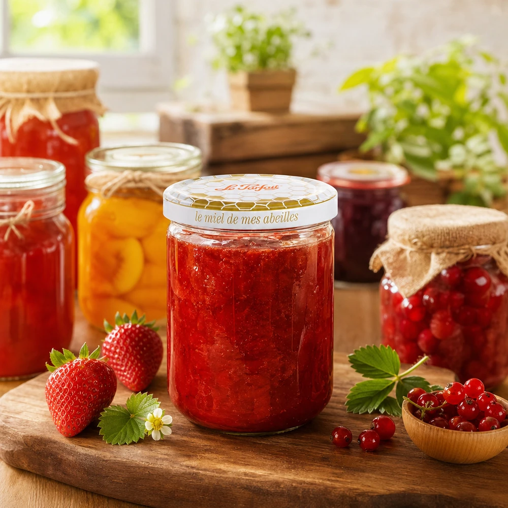 Le Parfait® honningglas 212 ml Ø63 mm Le Parfait Honey opbevaringsglas 212 ml fyldt med rød marmelade ved siden af friske jordbær og andre syltetøjsglas