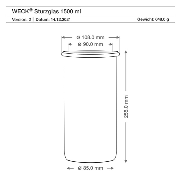 Sæt med 6 Weck Briller 1500 ml + hold-frisk-låg HUND Teknisk tegning WECK drikkeglas 1500ml RR100 med dimensioner, diameter 108mm, højde 255mm, vægt 648g