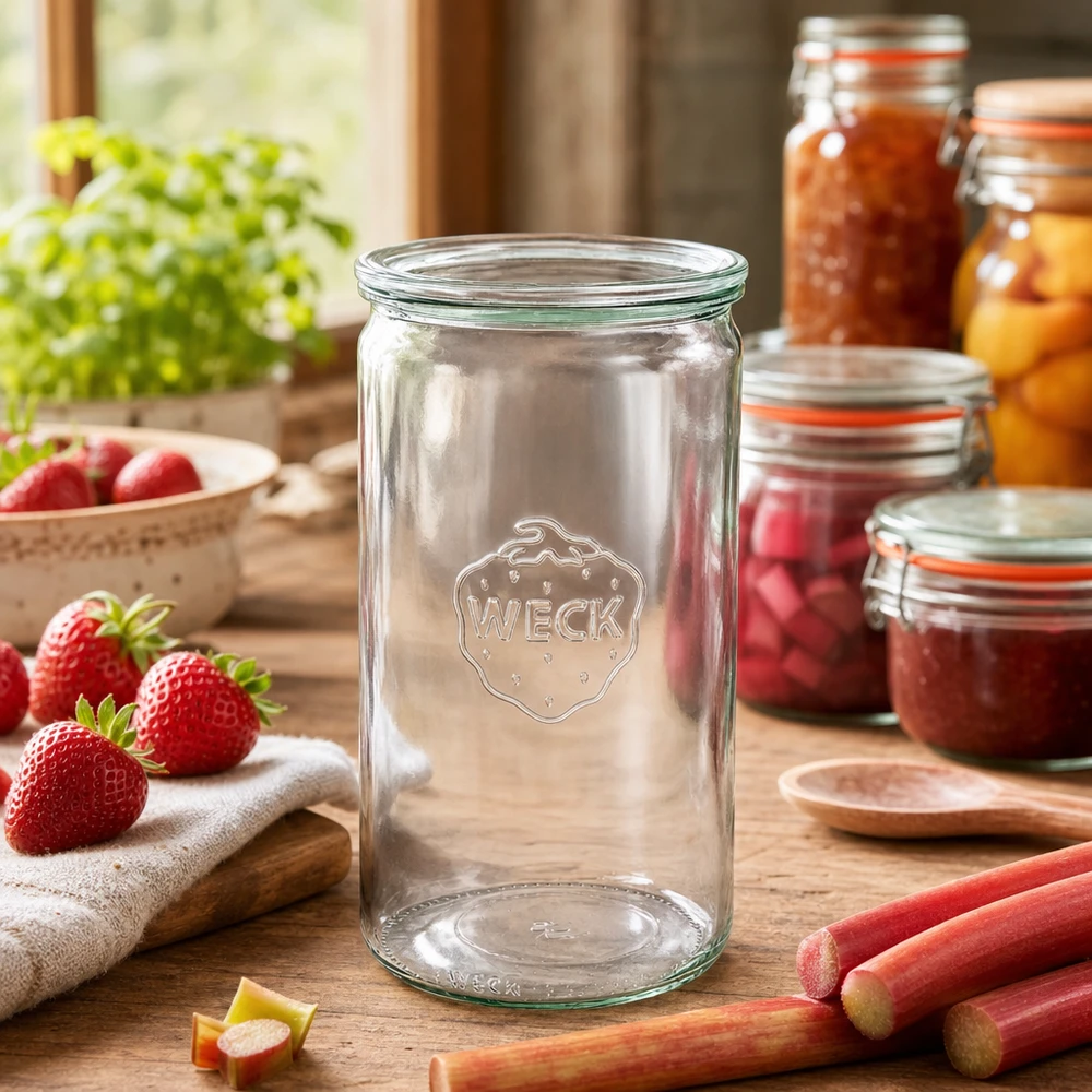 1590 ml cylinderglas med glaslåg WECK RR100 WECK syltetøjsglas 1590ml i rustikt køkken med syltetøjsglas jordbær rabarber madlavningstilbehør glaslåg