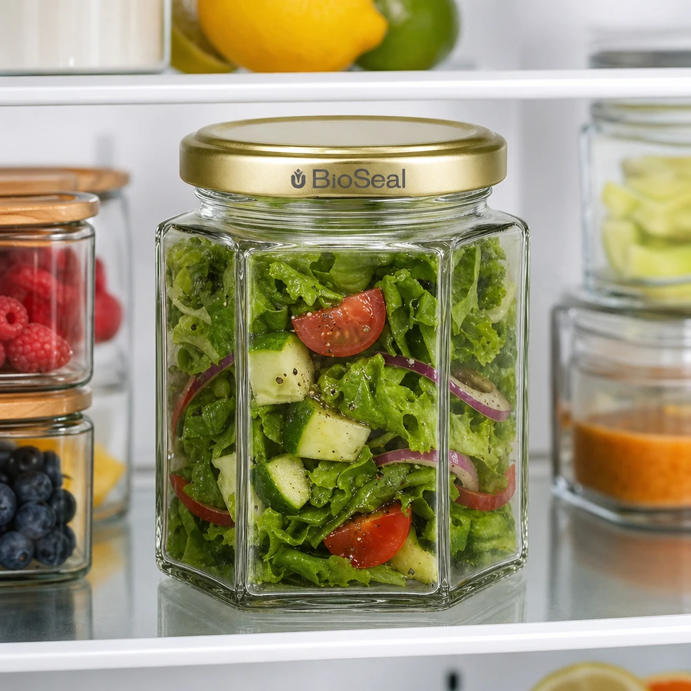 250 g honningglas med gyldent BioSeal UNiTWIST-låg 250 g BioSeal honningkrukke fyldt med salat gyldent låg køleskab meal prep opbevaringskrukke køkken