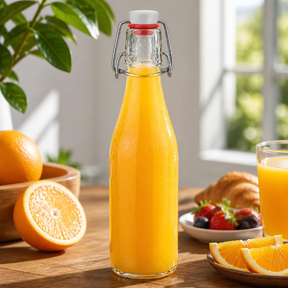 250 ml glasflaske og hængelåg i PVC UNiTWIST 250 ml glasflaske med svingtop fyldt med appelsinjuice, dekorativ køkkenscene med friske appelsiner og bær