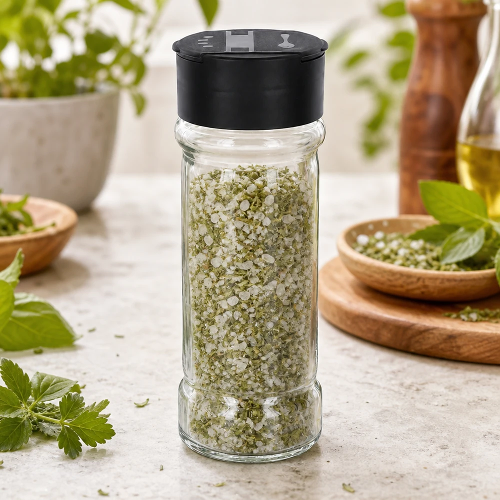 Salt-/krydderikrukke 100 ml med dobbelt strøer, sort Krydderisaltglas 100 ml med sort dobbeltdæksel på lys marmor