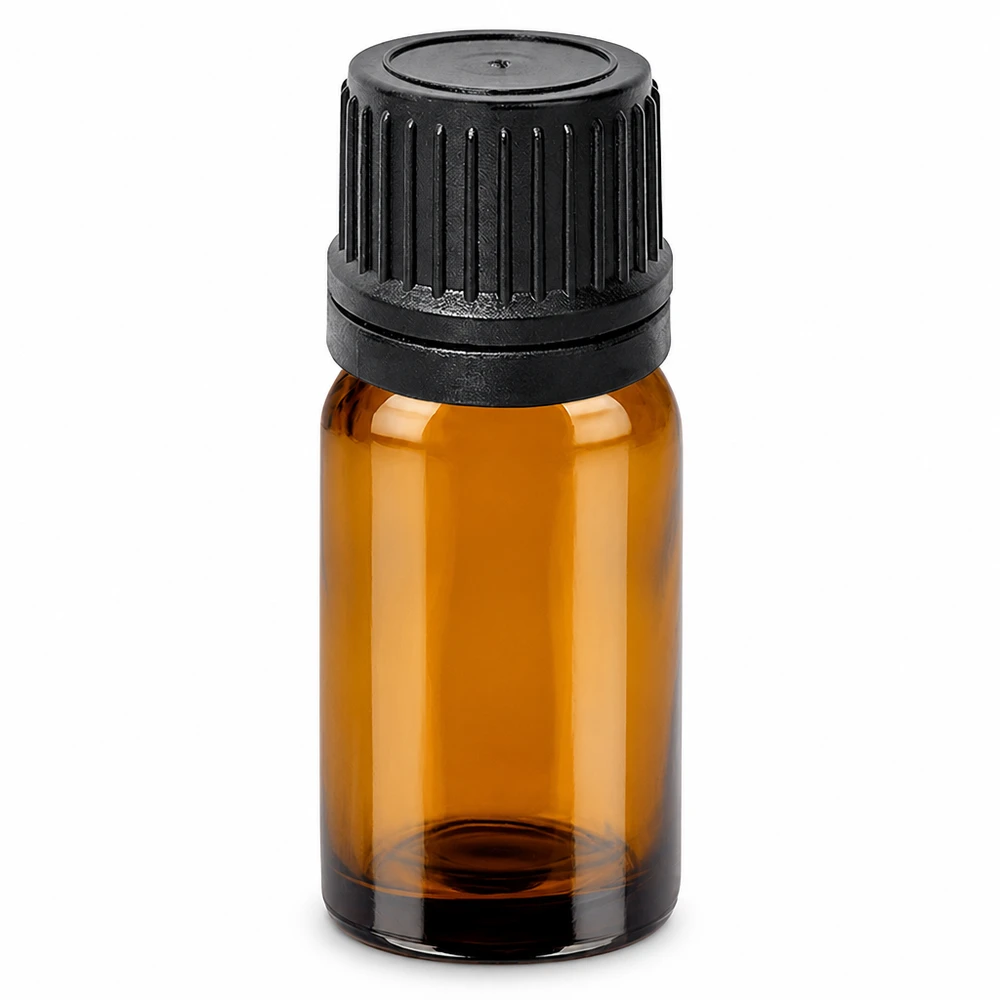 10 ml dråbeflaske 1 mm sort OV BrownLine UT18/10 10 ml dråbeflaske af brunt glas med sort hætte til æteriske olier og essenser